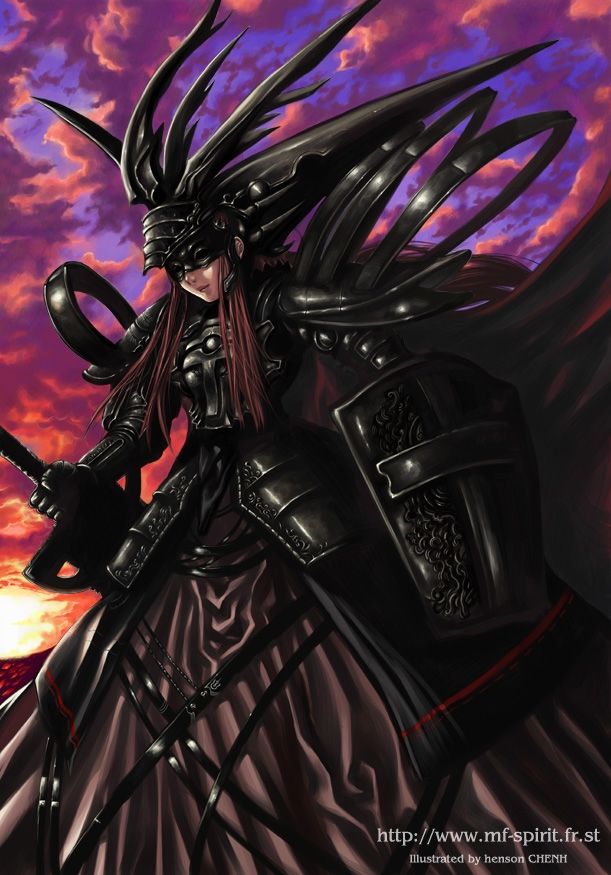 armor, cape, dress, fantasy, long hair, mask, sky, solo, sword, weapon
