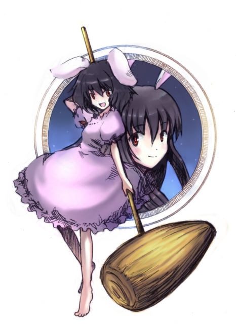 onimaru gonpei, inaba tewi, touhou, 1girl, animal ears, barefoot, female focus, full body, hammer, multiple views, rabbit ears, standing, white background