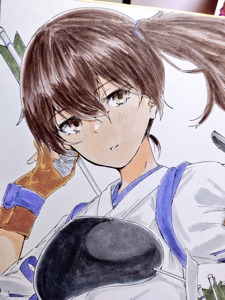 alakoala, kaga (kancolle), kantai collection, commentary request, marker (medium), photo (medium), traditional media, 1girl, arrow (projectile), blush, brown eyes, brown gloves, brown hair, double-parted bangs, gloves, hair between eyes, holding, holding arrow, japanese clothes, kimono, looking at viewer, medium hair, muneate, open mouth, partially fingerless gloves, shikishi, short sleeves, side ponytail, sidelocks, simple background, solo, white background, white kimono