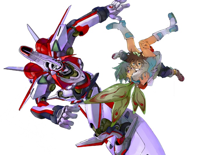 30ml, eureka (eureka seven), nirvash, renton thurston, eureka seven, eureka seven (series), white footwear, bad id, bad pixiv id, 00s, 1boy, 1girl, blue eyes, blue hair, boots, brown hair, purple eyes, wings