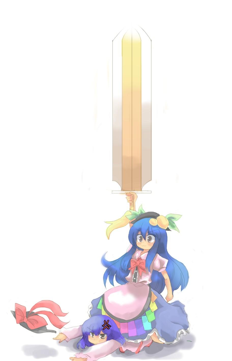hinanawi tenshi, nagae iku, touhou, highres, 2girls, :3, anger vein, apron, arms up, black hat, blue dress, blue hair, bow, brown eyes, buttons, clenched hand, closed mouth, dress, female focus, food, frills, fruit, hat, leaf, long hair, lying, multiple girls, on stomach, peach, pink shirt, purple hair, rainbow order, red bow, red ribbon, ribbon, shirt, short hair, standing, standing on person, sword, sword of hisou, tassel, weapon