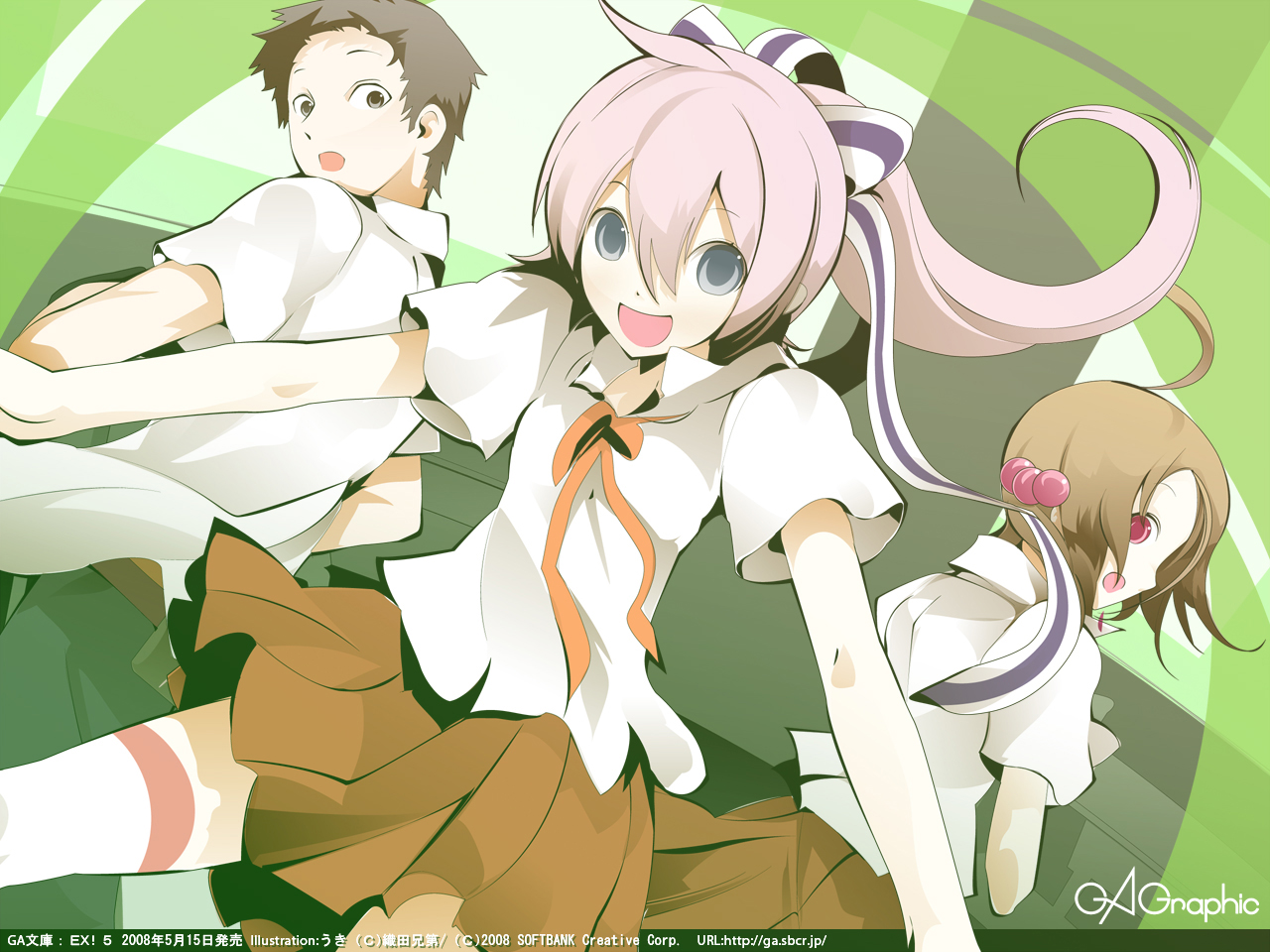 uki (room 405), gagraphic, original, 1boy, 2girls, blue eyes, brown eyes, brown hair, multiple girls, pink hair, ponytail, red eyes, school uniform, serafuku, thighhighs, uki (masa-sleep)