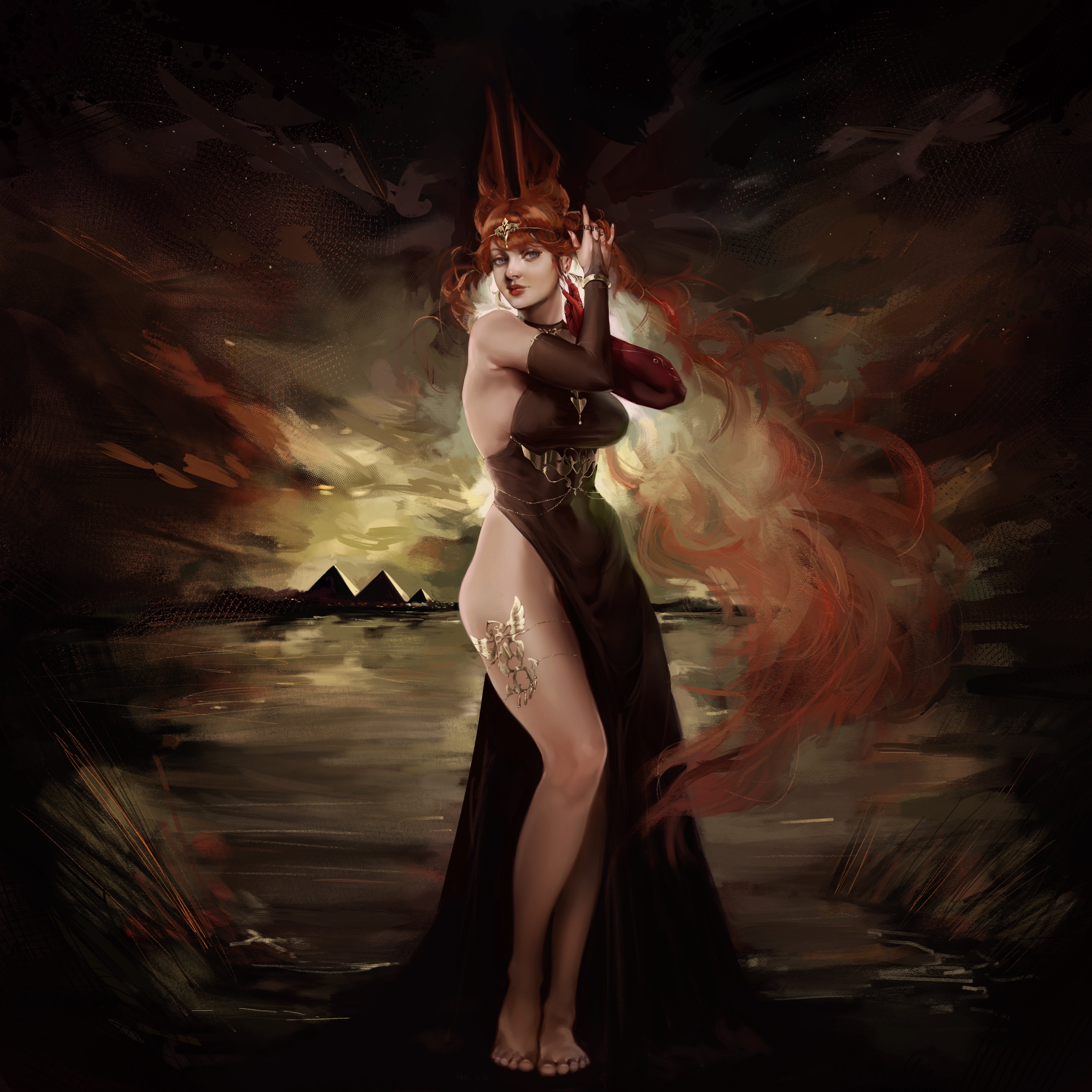 timinybillybob, takanashi kiara, hololive, hololive english, absurdres, highres, 1girl, alternate costume, barefoot, black bridal gauntlets, black dress, breasts, bridal gauntlets, closed mouth, dress, full body, gold thighlet, grey eyes, large breasts, long hair, pyramid (structure), red hair, red lips, solo, standing, virtual youtuber