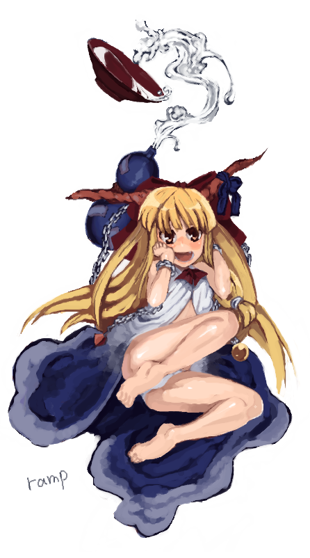 rkrk, ibuki suika, touhou, bad id, bad pixiv id, 1girl, barefoot, chain, cup, feet, female focus, full body, horns, long hair, panties, ribbon, royalrisk (artist), sakazuki, simple background, solo, underwear, white background