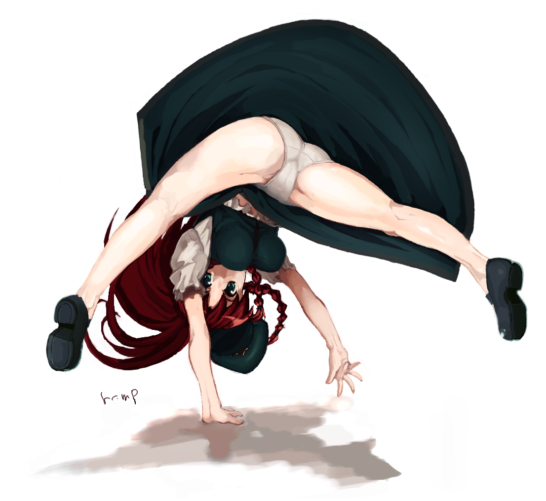 rkrk, hong meiling, immaterial and missing power, touhou, bad id, bad pixiv id, 1girl, braid, china dress, chinese clothes, dress, female focus, full body, handstand, long hair, one arm handstand, panties, red hair, ribbon, royalrisk (artist), simple background, solo, spread legs, twin braids, underwear, white background
