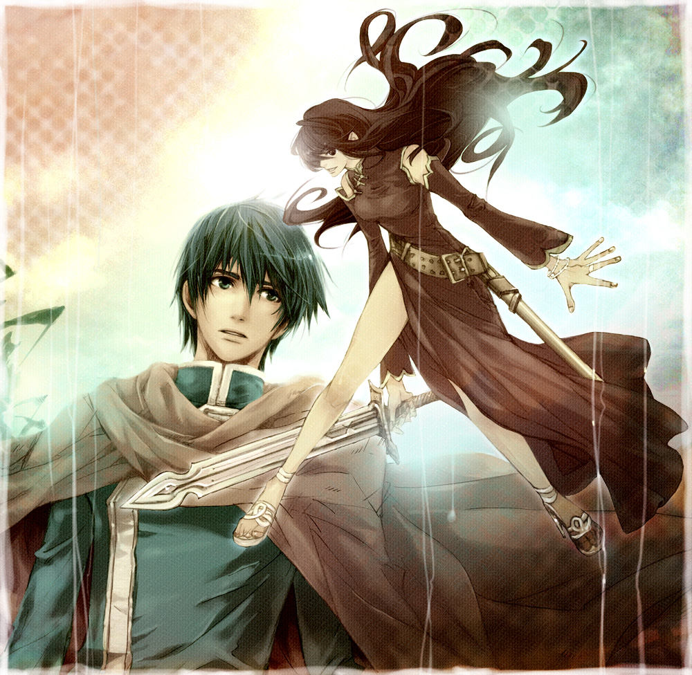 ayra (fire emblem), finn (fire emblem), fire emblem, fire emblem: genealogy of the holy war, nintendo, 1boy, 1girl, dress, high heel sandals, holding, holding sword, holding weapon, long hair, sandals, short hair, sword, tetsu (tet000), weapon