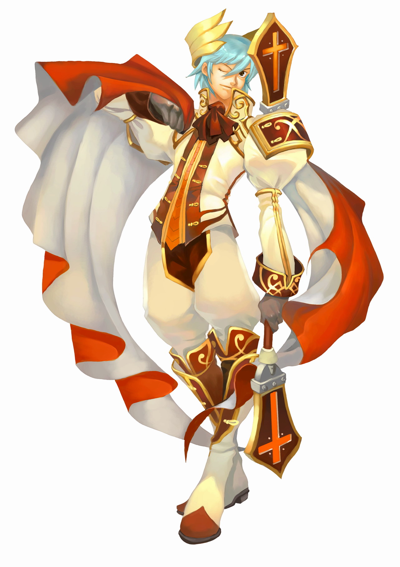 flyff, highres, 1boy, blue hair, boots, brown eyes, cape, fantasy, gloves, male focus, one eye closed, robe, solo, staff, wink