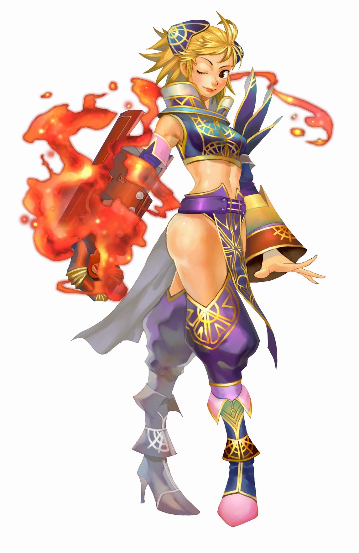 flyff, highres, armor, billposter, blonde hair, boots, cape, fantasy, fire, gloves, one eye closed, solo, weapon, wink