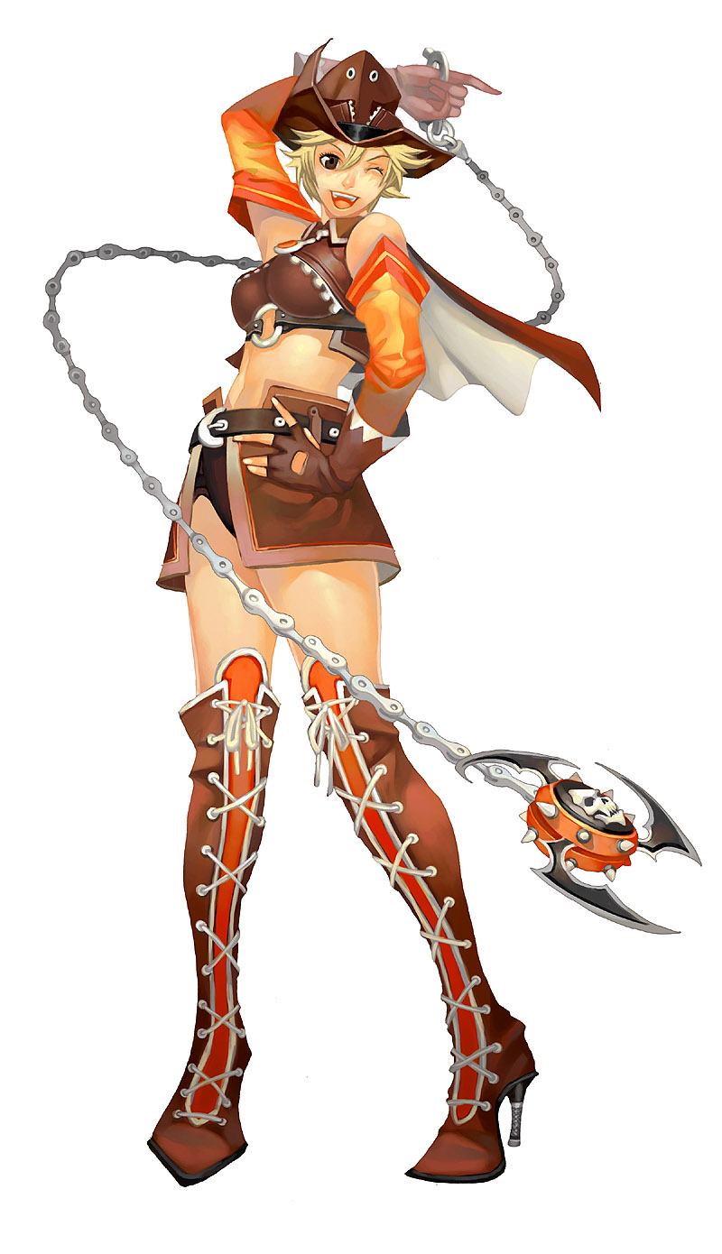 flyff, highres, 1girl, blonde hair, boots, brown eyes, cape, chain, cowboy hat, cowboy western, female focus, full body, gloves, hat, short hair, skull, solo, standing, thighhighs, weapon