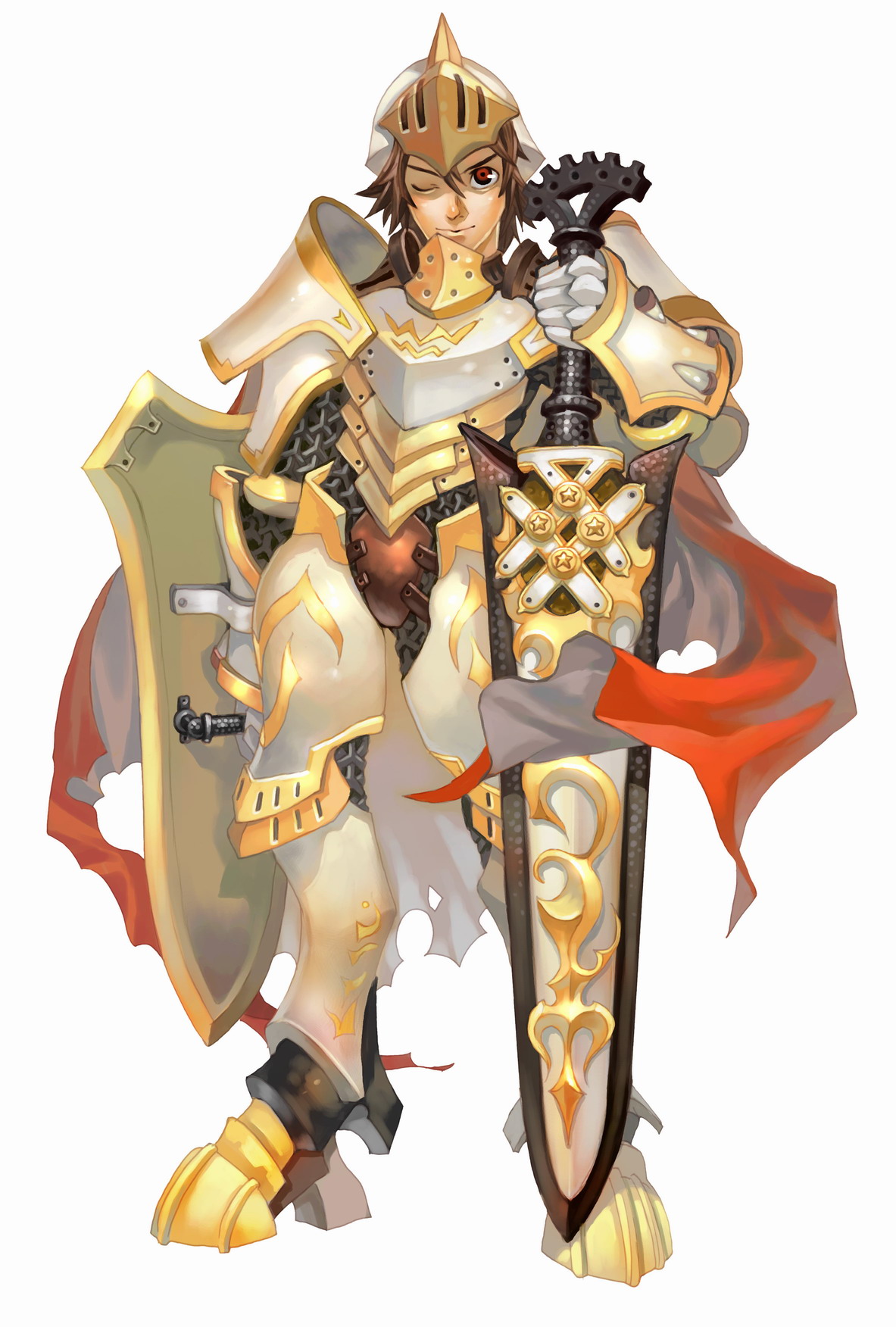 flyff, highres, 1boy, armor, brown hair, cape, fantasy, full body, helmet, male focus, red eyes, solo, sword, weapon