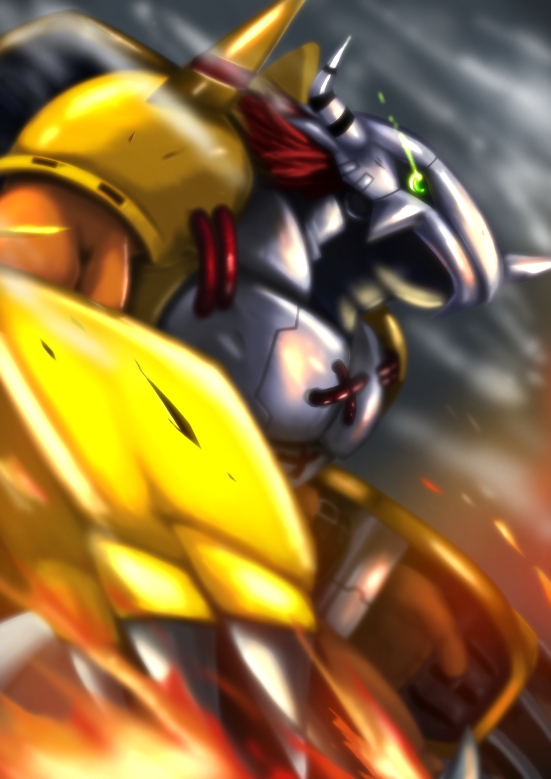 hudie jun, wargreymon, digimon, armor, claws, digimon (creature), dragon, green eyes, orange scales, red hair, short hair, upper body, weapon, yellow armor