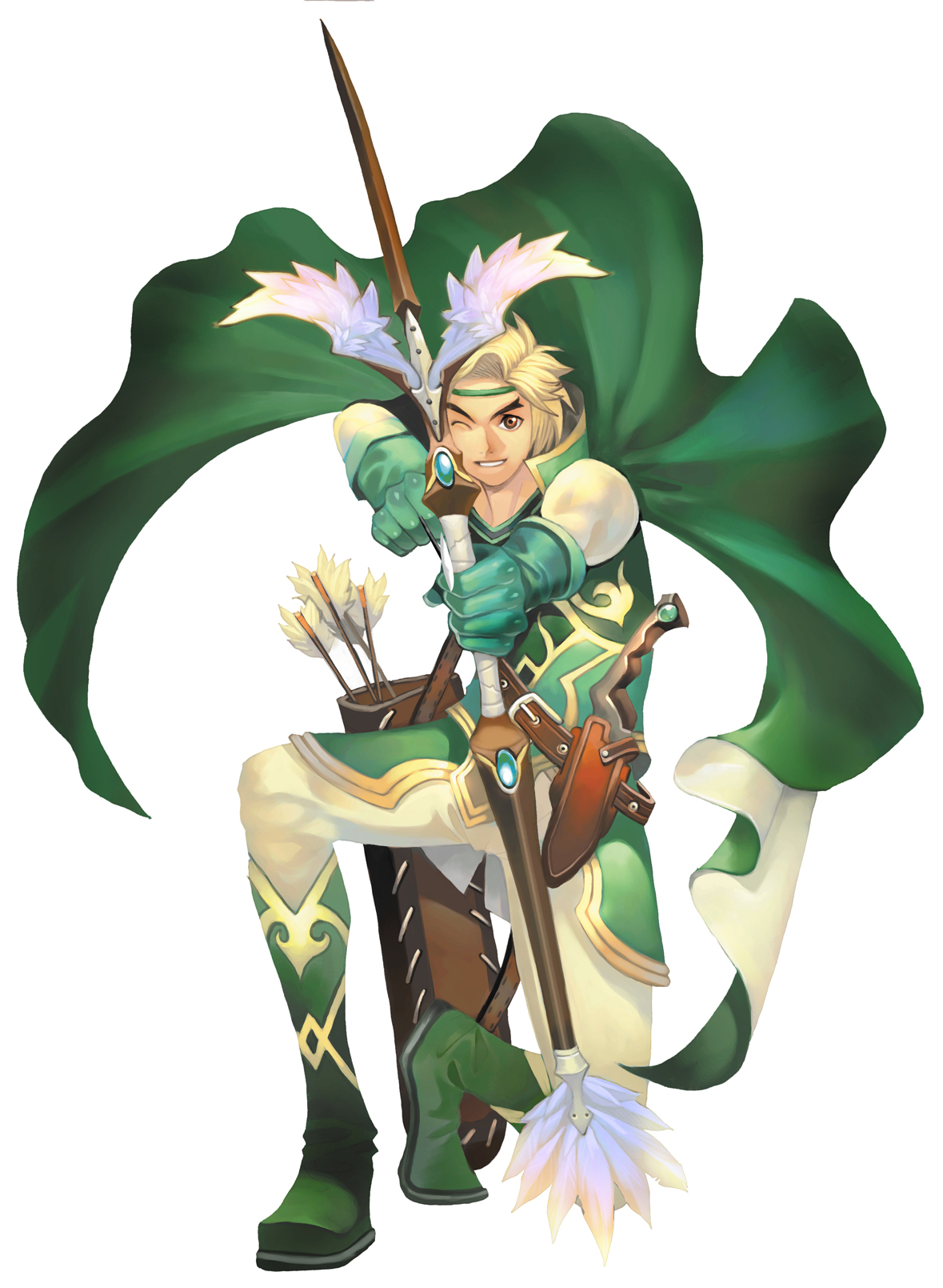 flyff, highres, 1boy, arrow (projectile), blonde hair, boots, bow (weapon), cape, drawing bow, fantasy, gloves, green boots, headband, holding, holding bow (weapon), holding weapon, knife, male focus, quiver, solo, weapon
