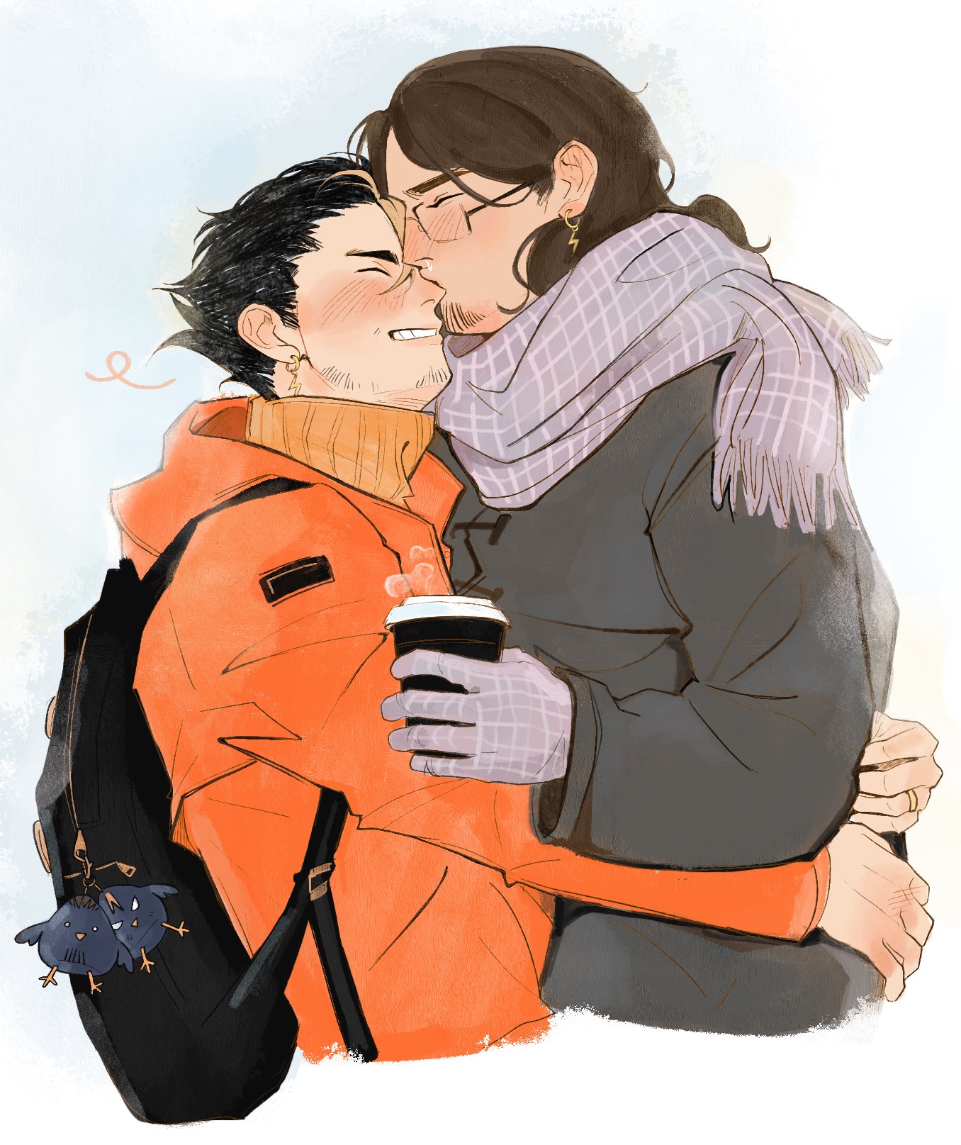 azumane asahi, nishinoya yuu, haikyuu!!, commentary, highres, symbol-only commentary, 2boys, alternate costume, backpack, bag, black bag, black hair, blush, brown hair, closed eyes, cropped torso, cup, disposable coffee cup, disposable cup, earrings, facial hair, glasses, gloves, holding, holding cup, hug, jewelry, linmorsan, long hair, male focus, multiple boys, rimless eyewear, ring, short hair, simple background, smile, teeth, upper body, white background, yaoi