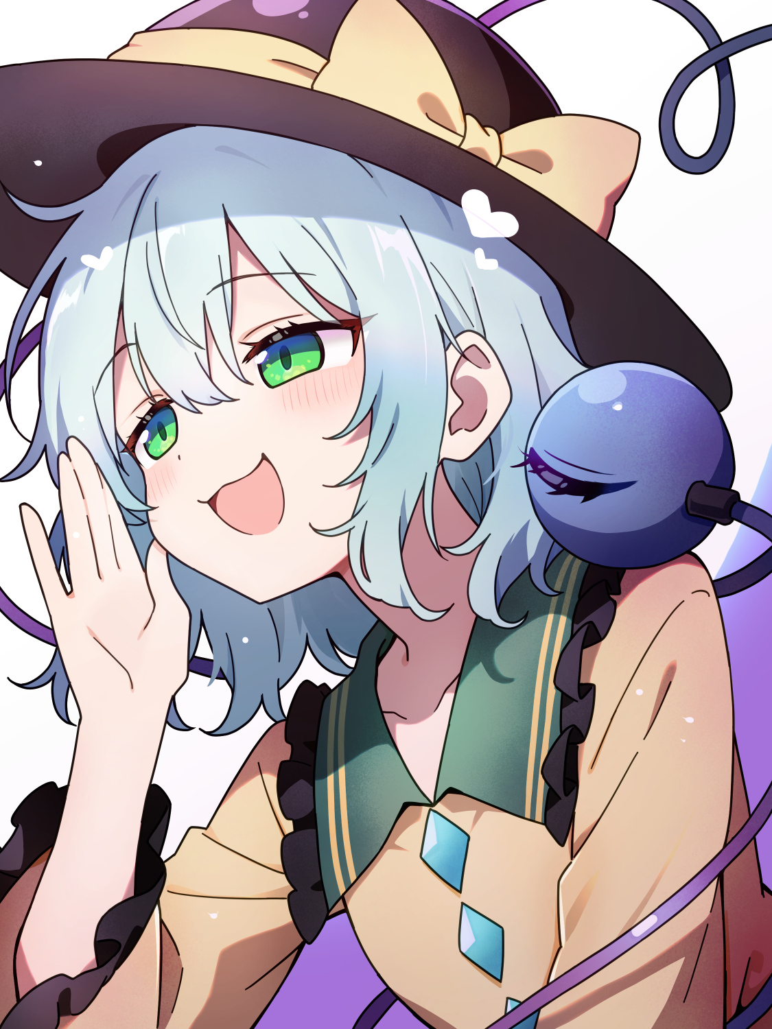 chikuzen1996, komeiji koishi, touhou, commentary request, highres, 1girl, black hat, blush, bow, buttons, collarbone, collared shirt, diamond button, eyeball, frilled shirt collar, frilled sleeves, frills, green eyes, green hair, hat, hat bow, heart, heart of string, long sleeves, open mouth, shirt, smile, solo, third eye, wide sleeves, yellow shirt