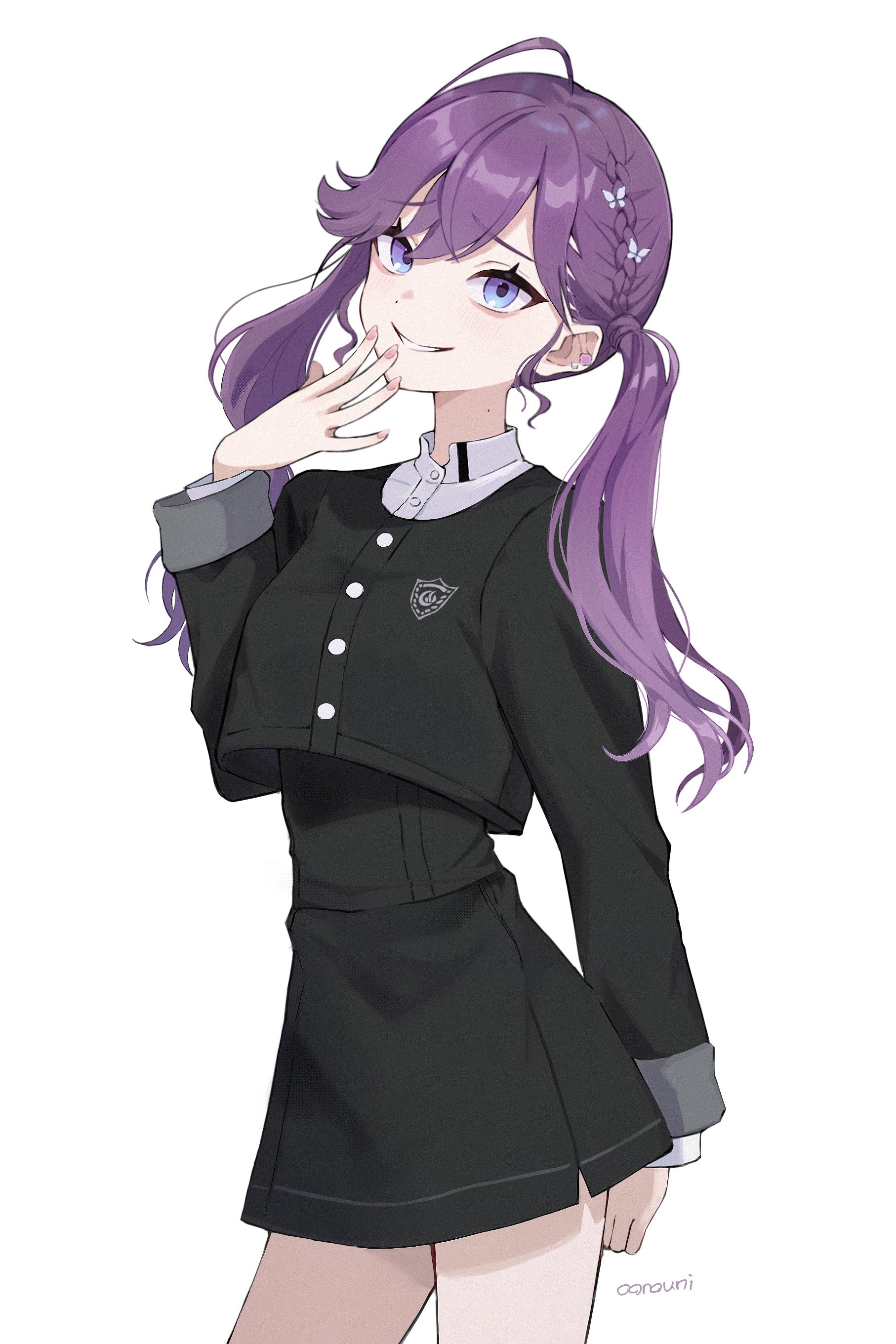 oonouni, kaya rinha, gakuen idolmaster, idolmaster, absurdres, commentary request, highres, 1girl, ahoge, arm behind back, bags under eyes, black jacket, black skirt, blue eyes, braid, butterfly hair ornament, collared shirt, cowboy shot, cropped jacket, ear ornament, ear piercing, from side, gokugetsu academy school uniform, grin, hair ornament, half up braid, hand to own mouth, hand up, high-waist skirt, high collar, jacket, light blush, long hair, long sleeves, looking at viewer, mole, mole on neck, open mouth, piercing, purple hair, school emblem, school uniform, shirt, signature, simple background, skirt, smile, solo, standing, twitter username, white background