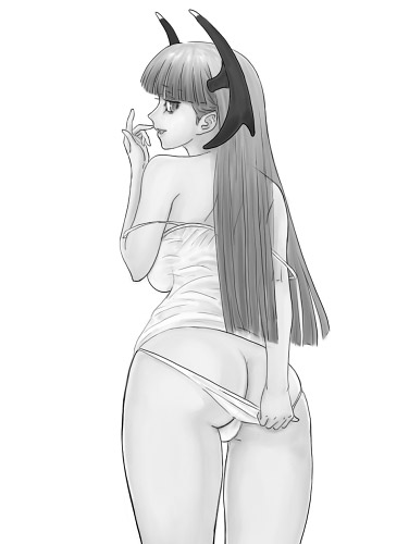 ark (morita hitomi), morrigan aensland, capcom, darkstalkers, lowres, 1girl, ass, bat wings, female focus, greyscale, head wings, lingerie, monochrome, panties, panty pull, solo, underwear, wings