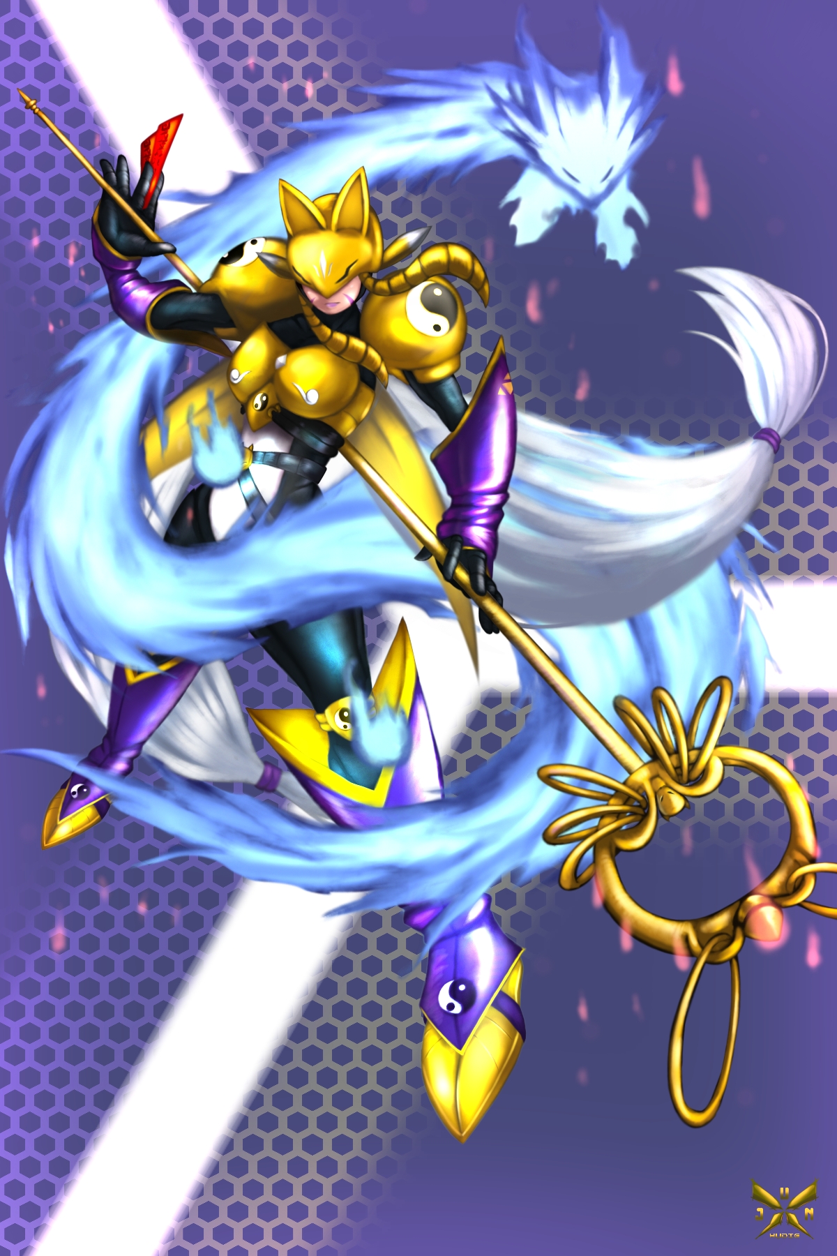 hudie jun, sakuyamon, digimon, digimon tamers, highres, 1girl, armor, black bodysuit, black gloves, bodysuit, closed mouth, digimon (creature), gloves, long hair, looking at viewer, shoes, solo, white hair, yellow armor, yellow shoes