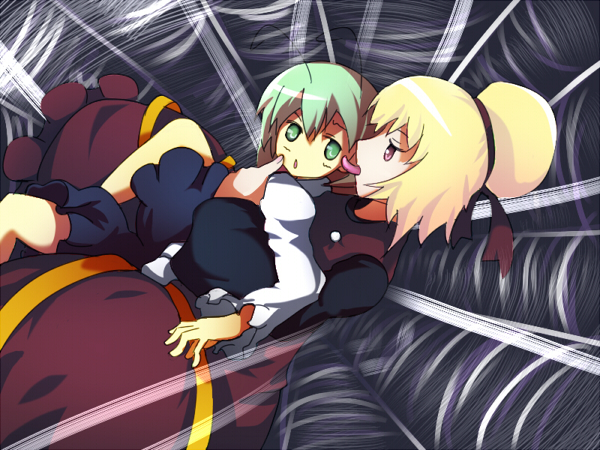 murani, kurodani yamame, wriggle nightbug, touhou, 2girls, antennae, blonde hair, female focus, green hair, licking, multiple girls, ribbon, short hair, silk, spider web, tamutamu (pixiv), you gonna get raped, yuri