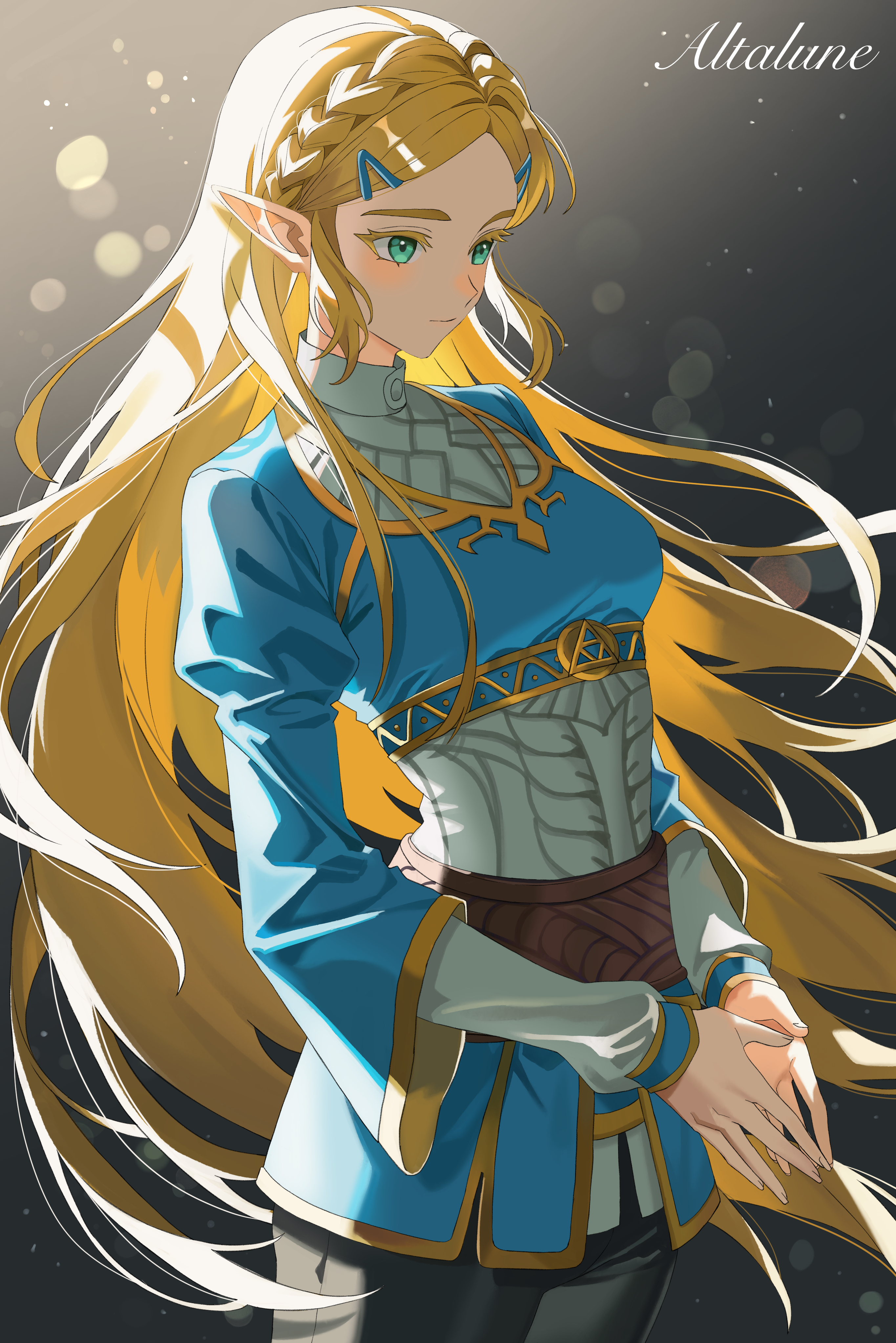 alaya0130, princess zelda, nintendo, the legend of zelda, the legend of zelda: breath of the wild, absurdres, commentary, highres, 1girl, black pants, blonde hair, blue eyes, blue skirt, blush, closed mouth, colored eyelashes, corset, hair ornament, hairpin, long hair, own hands together, pants, pointy ears, sidelocks, skirt, solo, triforce, very long hair, white corset