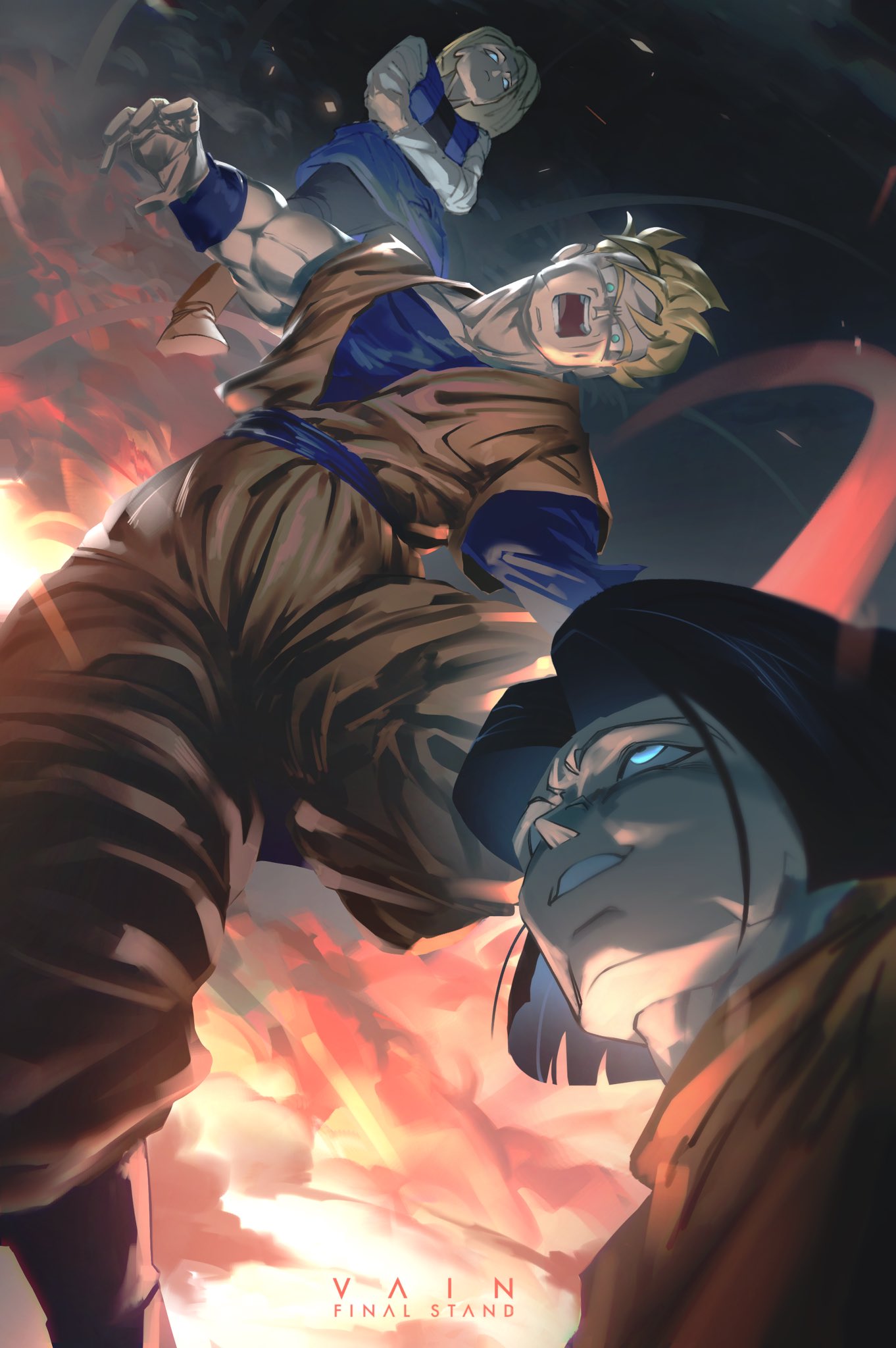 android 17, android 18, son gohan (future), dragon ball, dragonball z, highres, 1girl, 2boys, amputee, battle, black hair, black pantyhose, black shirt, blonde hair, blue eyes, blue shirt, blue skirt, blue vest, crossed arms, denim, denim skirt, denim vest, dougi, explosion, green eyes, midair, multiple boys, muscular, muscular male, orange pants, orange shirt, pants, pantyhose, shirt, short hair, skirt, spiked hair, terminal 000, vest