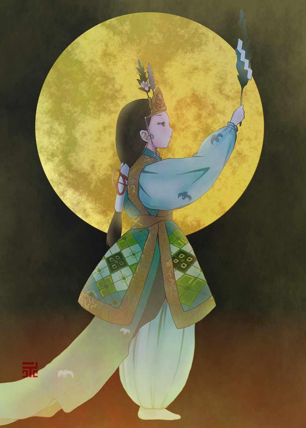 belusyuta, original, highres, 1girl, black hair, duster, feather duster, full body, full moon, gradient background, japanese clothes, long hair, looking to the side, miko, moon, pants, shirt, solo, white pants, white shirt