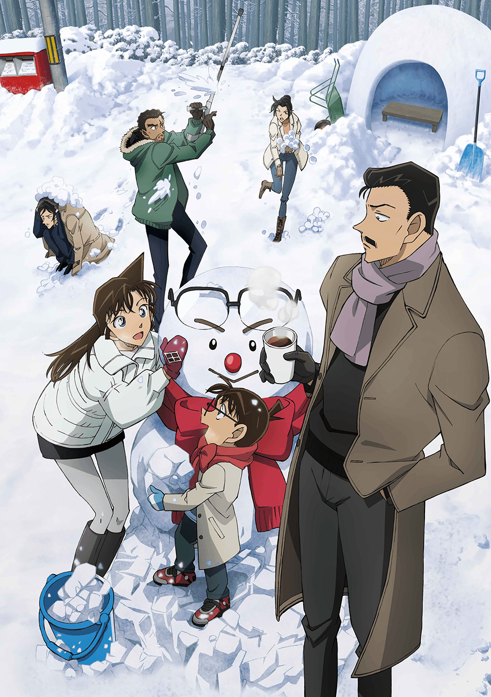 sudou masatomo, teraoka iwao, uehara yui, edogawa conan, mouri kogoro, mouri ran, meitantei conan, highres, official art, 2girls, 4boys, :d, beard stubble, bench, black-framed eyewear, black boots, black hair, black shirt, black shorts, blue eyes, blue pants, boots, brown boots, brown coat, brown gloves, bucket, building snowman, closed mouth, coat, eye contact, facial hair, glasses, gloves, grey pants, grey pantyhose, grey scarf, hair slicked back, hand in pocket, hands on own head, holding, holding snowball, hood, hood down, long hair, long sleeves, looking at another, morofushi takaaki, multiple boys, multiple girls, mustache, one eye closed, open clothes, open coat, open mouth, outdoors, pants, pantyhose, postbox (outgoing mail), quinzhee, red gloves, red scarf, red snake, scar, scar across eye, scar on face, scarf, shirt, short hair, shorts, shovel, smile, snow, snow shelter, snow shovel, snowball, snowball fight, snowman, squatting, standing, stubble, throwing, tree, utility pole, white coat, winter clothes, winter coat, winter gloves, wooden bench, yamato kansuke