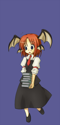 inu wi, koakuma, embodiment of scarlet devil, touhou, 1girl, bat wings, blue eyes, book, female focus, full body, head wings, red hair, simple background, solo, standing, wings