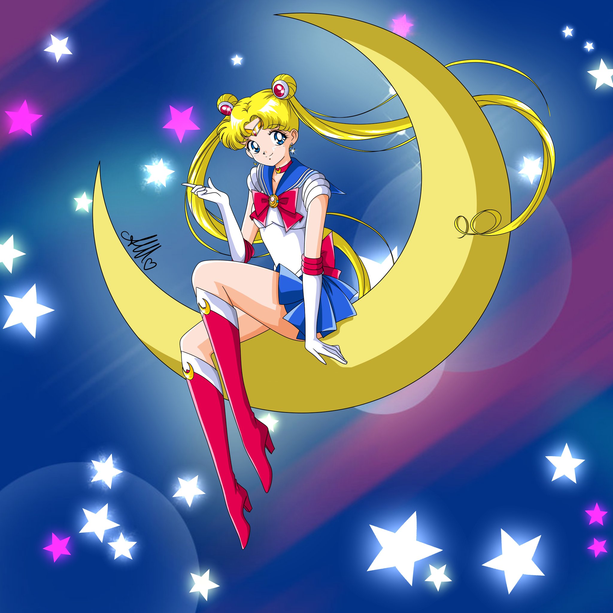 anello81, sailor moon, tsukino usagi, bishoujo senshi sailor moon, highres, 1girl, back bow, blonde hair, blue sailor collar, boots, bow, bowtie, breasts, choker, collarbone, crescent, crescent choker, crescent earrings, crescent moon, double bun, earrings, elbow gloves, gloves, hair bun, jewelry, knee boots, long hair, looking at viewer, moon, parted bangs, pleated skirt, red boots, red bow, red bowtie, red choker, sailor collar, sailor senshi, sailor senshi uniform, skirt, sky, small breasts, smile, solo, star (sky), starry sky, thick thighs, thighs, transformation brooch (sailor moon), twintails, white gloves