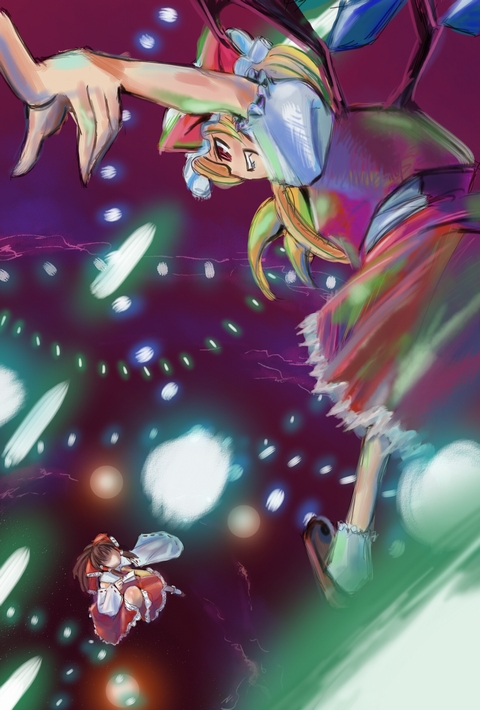 cardhu la lune, g (artist), yanagihara mitsuki, flandre scarlet, hakurei reimu, embodiment of scarlet devil, touhou, bad id, bad pixiv id, 2girls, blonde hair, bow, brown hair, danmaku, detached sleeves, female focus, flying, hair bow, hat, japanese clothes, miko, multiple girls, outstretched arms, ponytail, ribbon, short hair, side ponytail, smile, talisman, wings