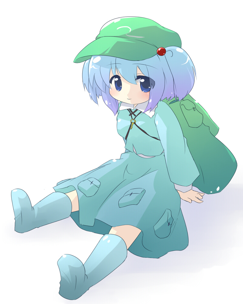 oka (bananashoe), kawashiro nitori, touhou, 1girl, backpack, bag, blue eyes, blue hair, female focus, hair bobbles, hair ornament, hat, matching hair/eyes, randoseru, short hair, sitting, solo, two side up