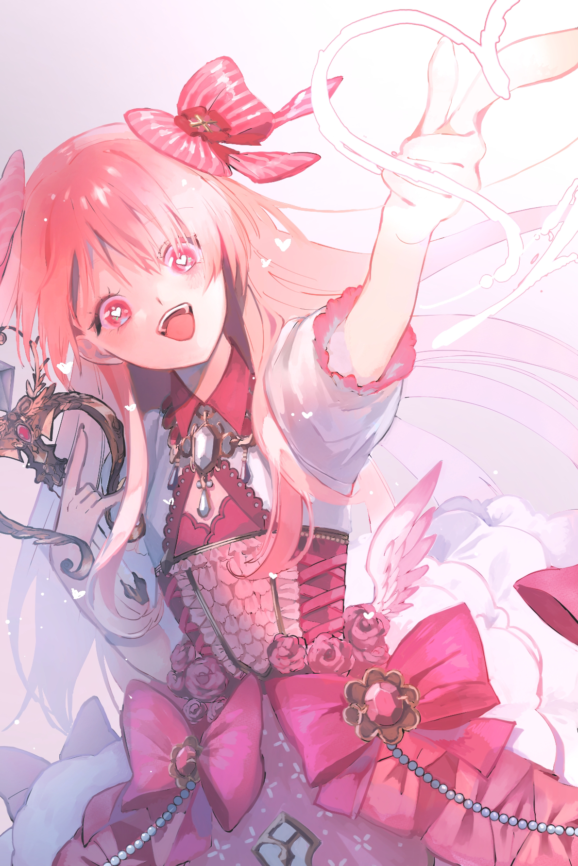 zojikiya meuri, chaos marie (grimms notes), grimms notes, highres, 1girl, blonde hair, cleavage cutout, clothing cutout, hand up, holding, holding wand, long hair, looking at viewer, solo, wand