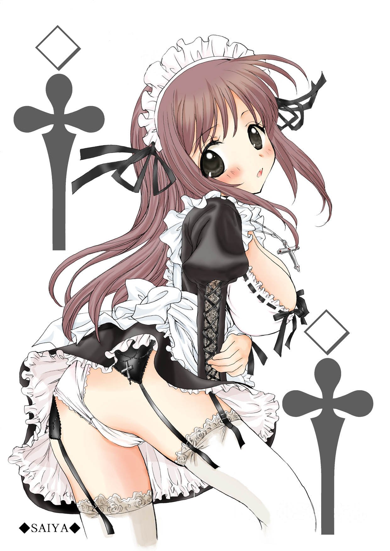 saiya, original, lace-trimmed legwear, highres, 1girl, :o, apron, artist name, ass, black dress, black eyes, blush, breasts, brown hair, cleavage, cross, cross-laced clothes, cross necklace, dress, female focus, frilled apron, frills, from side, garter belt, holding own arm, jewelry, juliet sleeves, lace, lace trim, large breasts, long hair, long sleeves, looking at viewer, maid, maid apron, maid headdress, necklace, open mouth, panties, petticoat, puffy sleeves, ribbon-trimmed clothes, ribbon trim, short dress, simple background, solo, thighhighs, underwear, upskirt, white apron, white background, white panties, white thighhighs