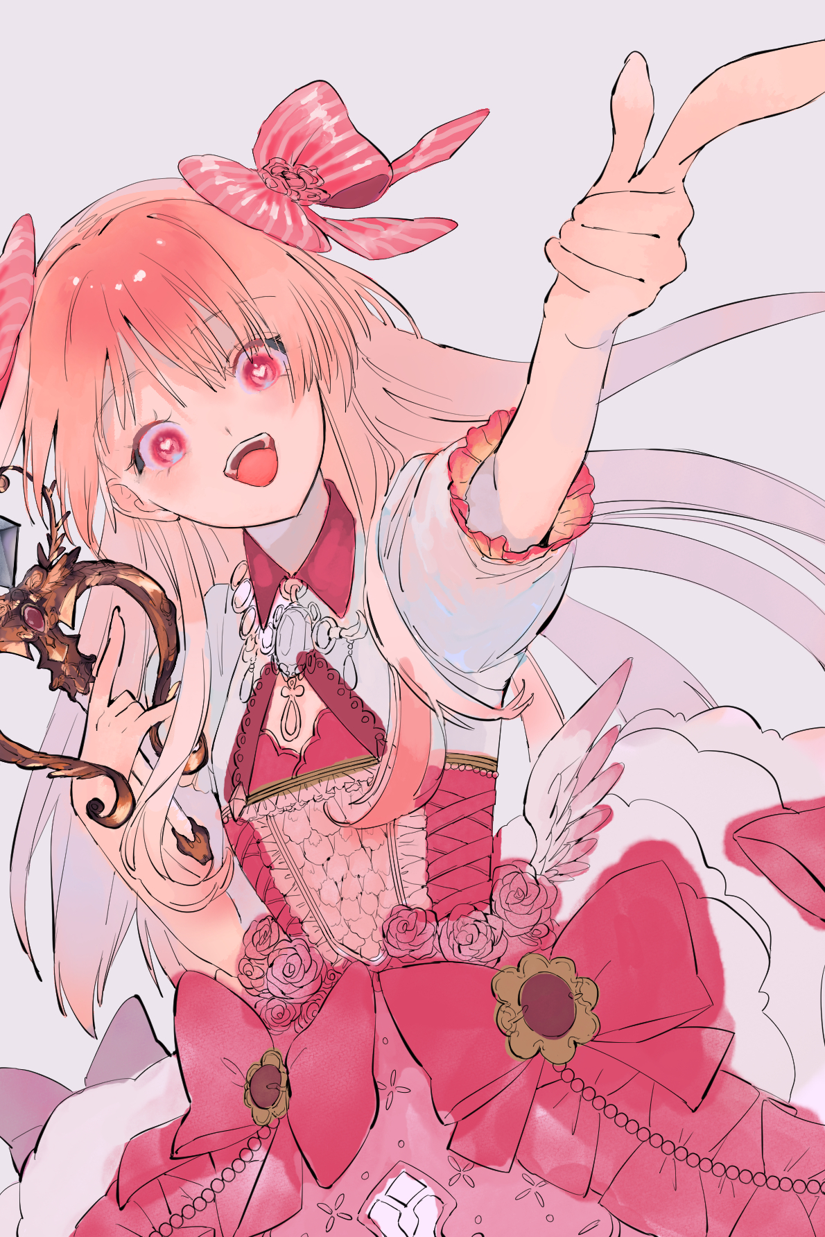 zojikiya meuri, chaos marie (grimms notes), grimms notes, highres, unfinished, 1girl, blonde hair, cleavage cutout, clothing cutout, hand up, holding, holding wand, long hair, looking at viewer, solo, wand
