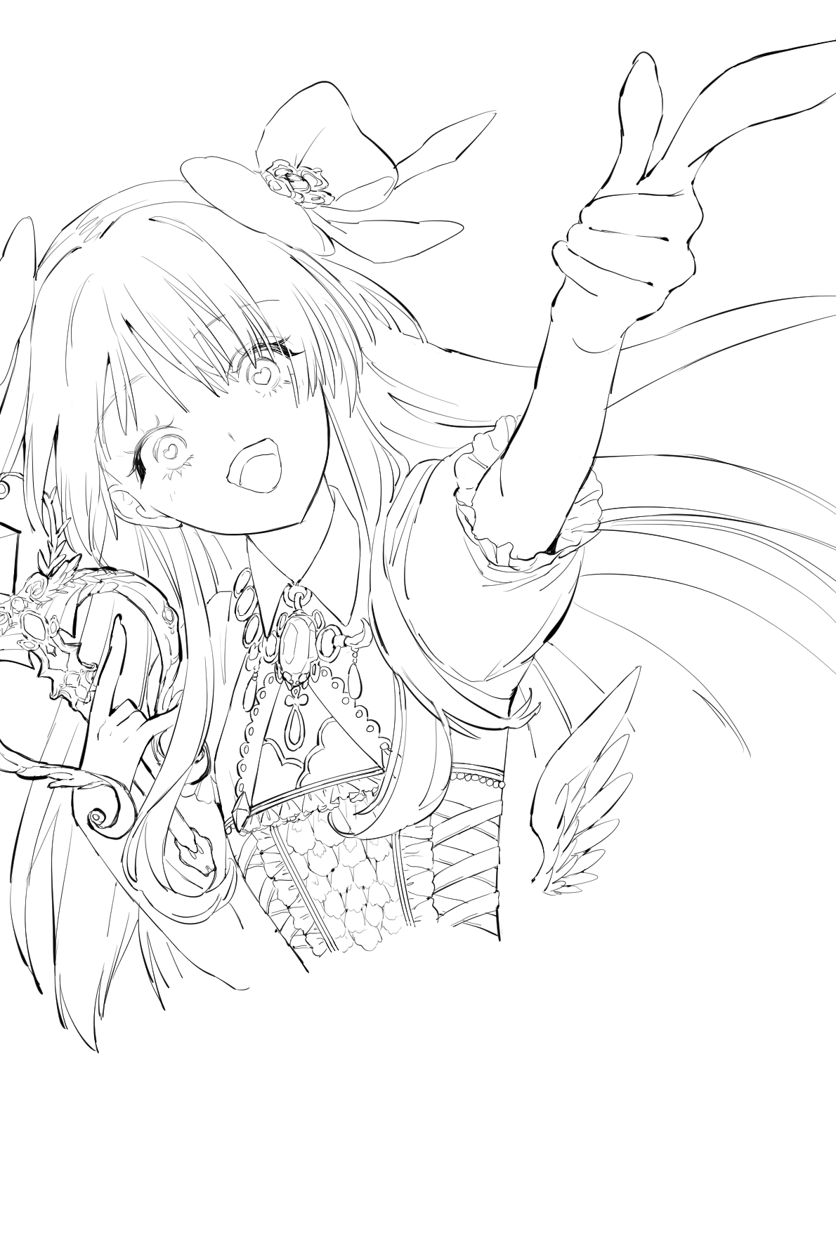zojikiya meuri, chaos marie (grimms notes), grimms notes, highres, unfinished, 1girl, cleavage cutout, clothing cutout, hand up, holding, holding wand, long hair, looking at viewer, solo, wand