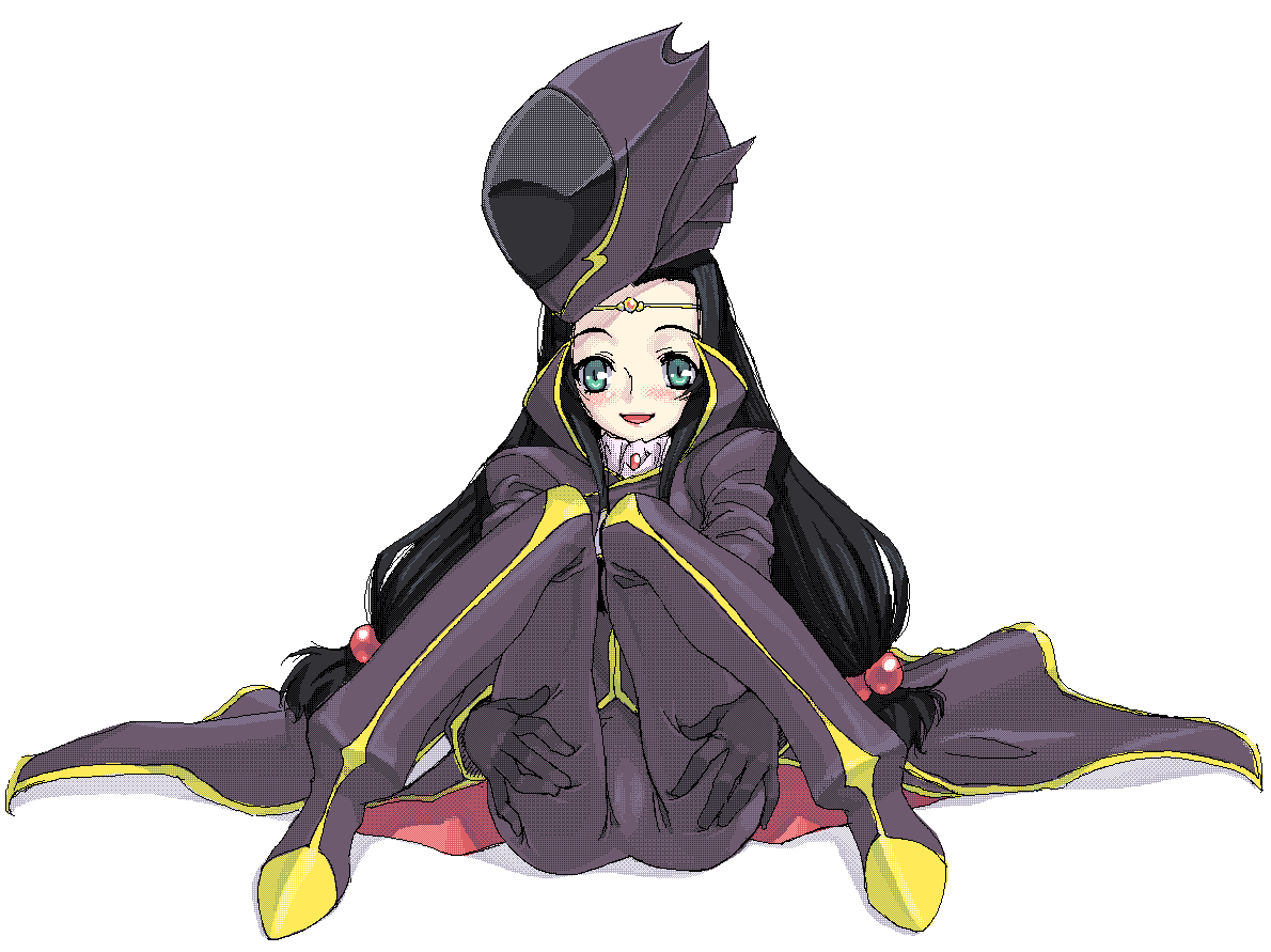 satou atsuki, sumeragi kaguya, zero (code geass), code geass, hands on thighs, plaid, uniform, 1girl, :d, aqua eyes, black gloves, black hair, blush, cameltoe, circlet, cosplay, crossdressing, crossdressing (ftm), crown, female focus, full body, gloves, green eyes, hair bobbles, hair ornament, hat, helmet, knees together feet apart, knees up, long hair, looking at viewer, low-tied long hair, oekaki, open mouth, simple background, sitting, smile, solo, tiara, twintails, very long hair, white background, zero (code geass) (cosplay), zero (cosplay)