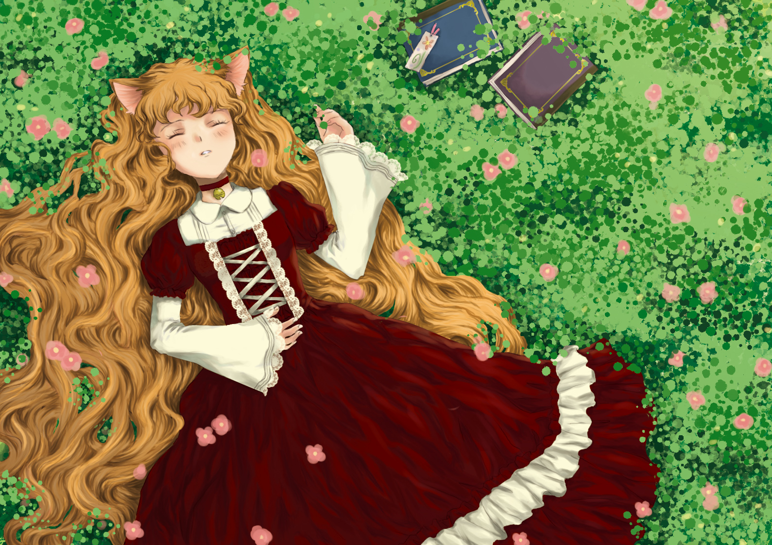 tottsuan, original, animal ears, bell, book, cat ears, choker, closed eyes, flower, gothic lolita, lolita fashion, long hair, lying, red hair, sleeping, solo