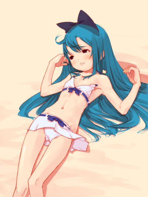 0123456789, hayama kotono, saint october, 00s, 1girl, beach, bikini, blue hair, blush, female focus, hair ribbon, hip bones, loli, long hair, lying, ribbon, solo, swimsuit, thigh gap, thighs