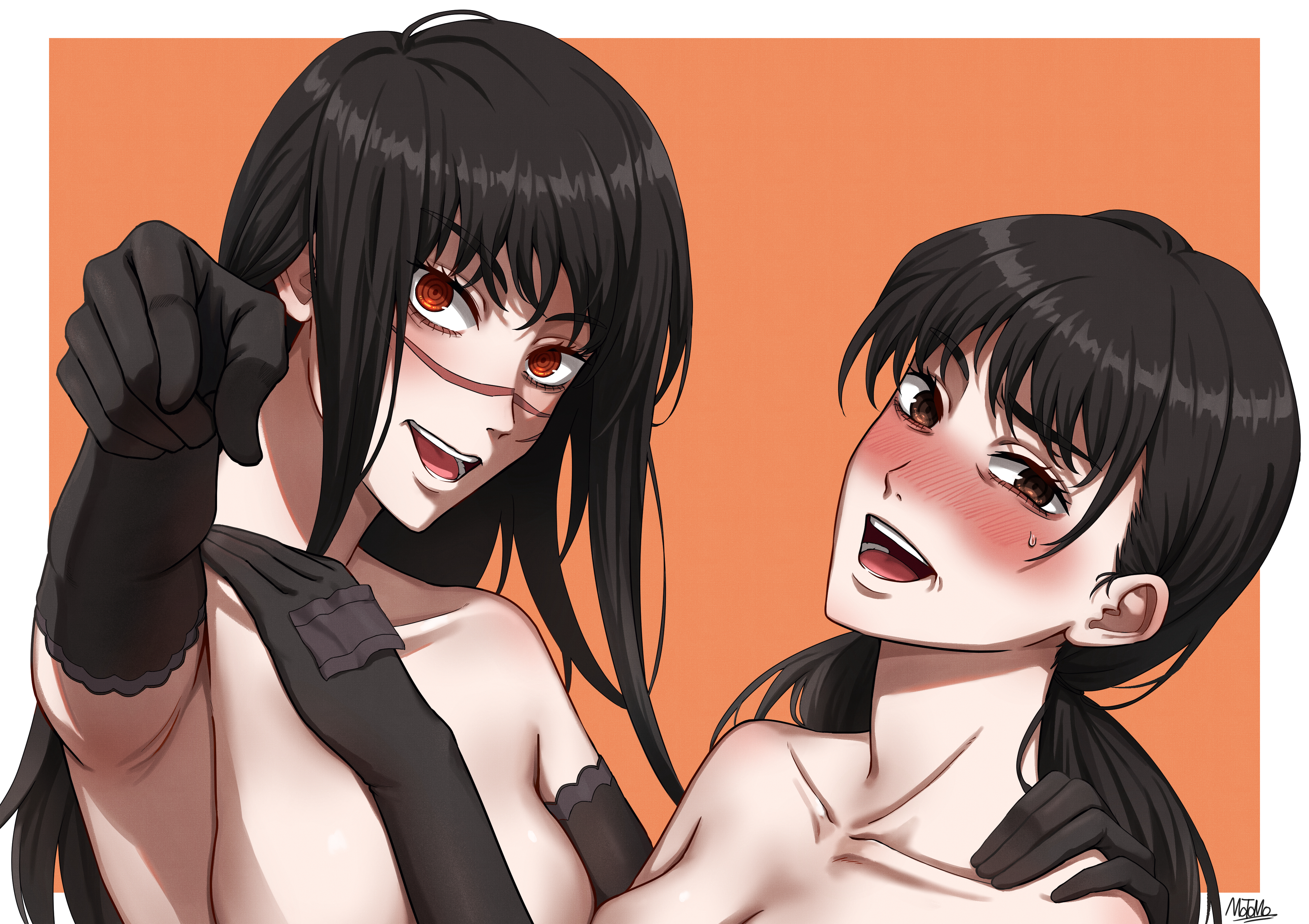 matomo, mitaka asa, yoru (chainsaw man), chainsaw man, absurdres, highres, 2girls, black gloves, black hair, blush, breasts, brown eyes, elbow gloves, gloves, long hair, looking at viewer, low twintails, multiple girls, nose blush, open mouth, pointing, pointing at viewer, red eyes, ringed eyes, scar, scar on face, scar on nose, small breasts, sweatdrop, teeth, twintails