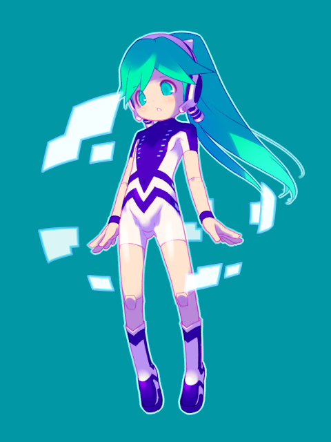 0123456789, charu (ape escape), charu (saru getchu), saru getchu, 1girl, android, blue eyes, blush, bodysuit, boots, female focus, flat chest, floating, green hair, headphones, joints, long hair, ponytail, robot ears, robot joints, science fiction, solo