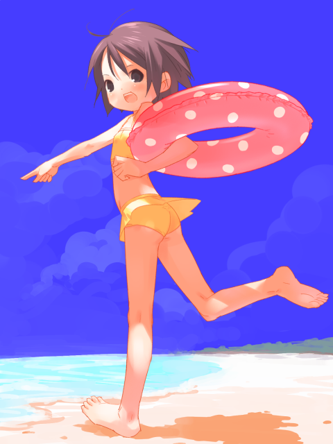 0123456789, original, 1girl, barefoot, beach, bikini, brown eyes, brown hair, child, day, feet, female focus, innertube, pointing, short hair, soles, solo, swim ring, swimsuit, toes