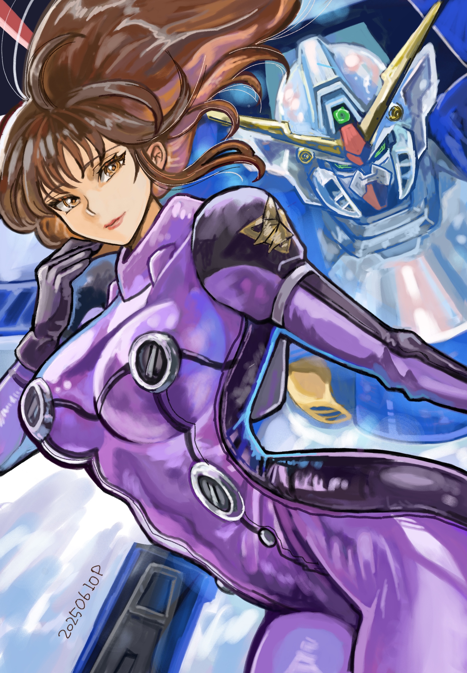 okrdisk2000, lady une, wing gundam, gundam, gundam wing, commentary, highres, 1girl, bent over, bodysuit, brown eyes, brown hair, closed mouth, dated, long hair, looking at viewer, mecha, mecha pilot suit, mobile suit, normal suit (gundam), purple bodysuit, robot, science fiction, solo, v-fin