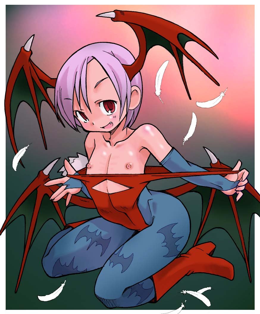 kakuchou, lilith (darkstalkers), capcom, darkstalkers, 1girl, animal print, bat print, blue pantyhose, blush, boots, demon girl, elbow gloves, fang, female focus, flat chest, gloves, head wings, kneeling, leotard, nipples, pantyhose, print pantyhose, purple hair, red eyes, red leotard, short hair, solo, undressing, wings