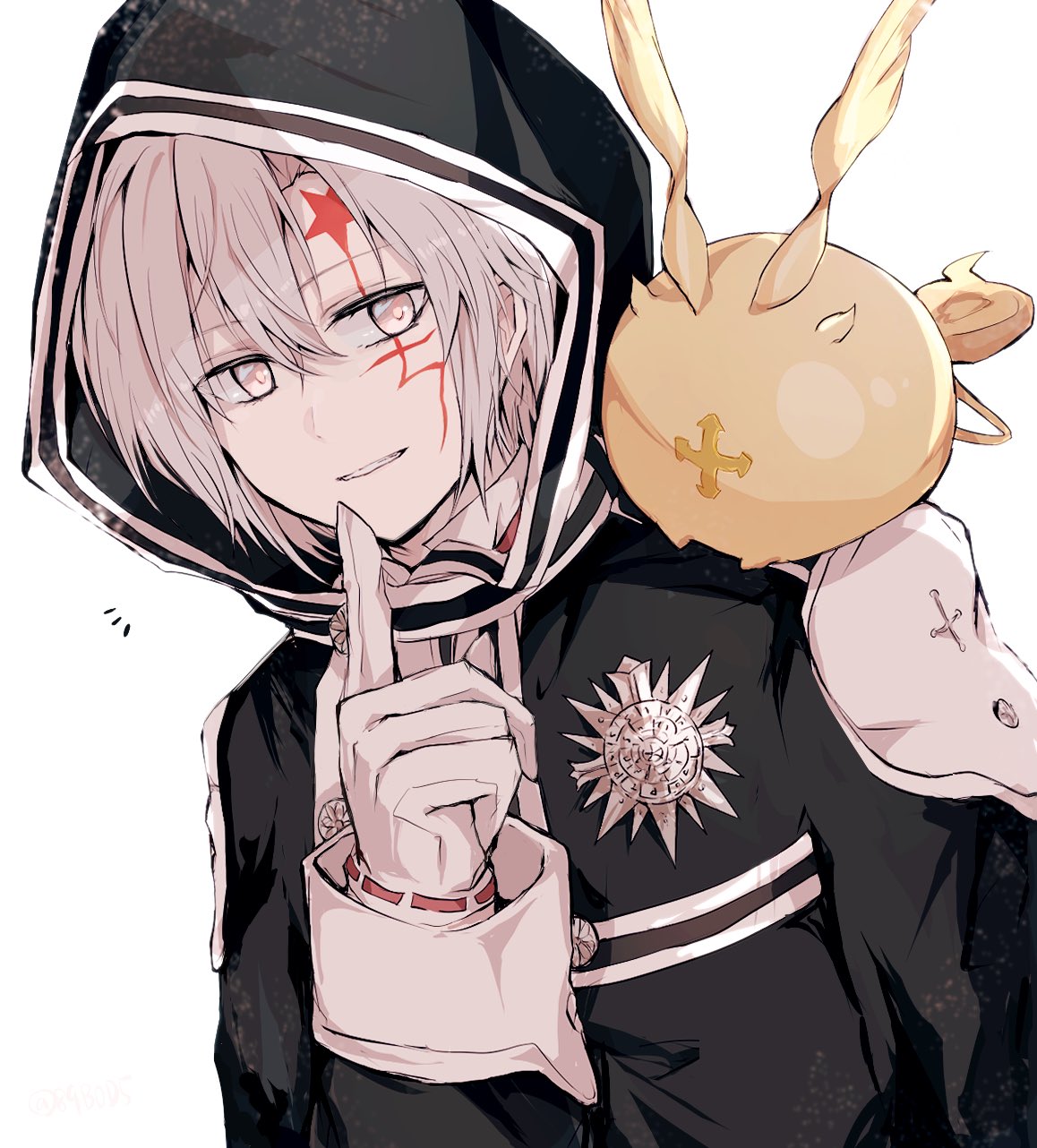 sodamachi, allen walker, timcanpy, d.gray-man, highres, 1boy, black coat, black order uniform, buttons, coat, collared shirt, creature, creature on shoulder, cross, emblem, facial mark, finger to mouth, forehead mark, gloves, golem (d.gray-man), grey eyes, hair between eyes, hood, hood up, hooded coat, horns, looking at another, male focus, on shoulder, parted lips, scar, scar across eye, scar on face, shirt, short hair, sidelocks, simple background, solo, star (symbol), star facial mark, striped coat, tail, vertical-striped coat, white background, white gloves, white hair, white shirt, wings