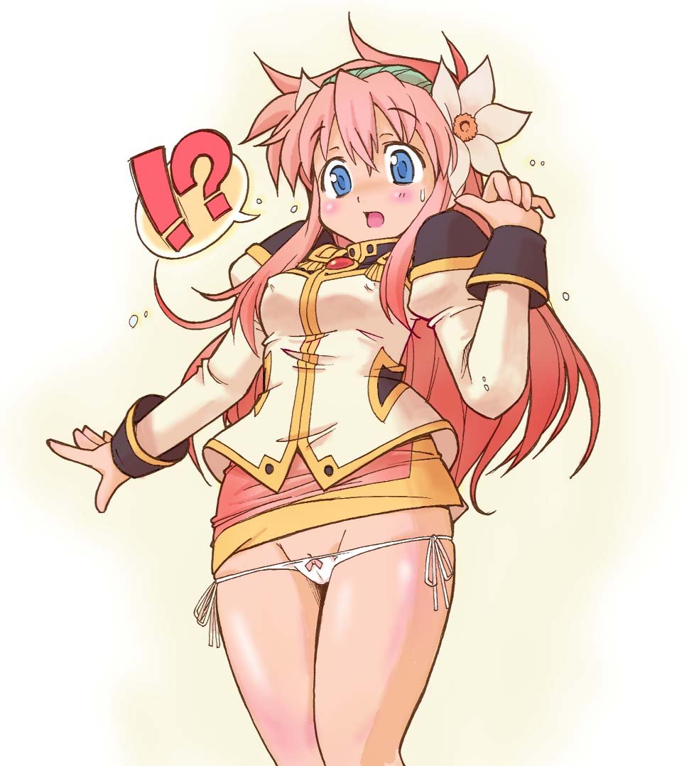 kakuchou, milfeulle sakuraba, broccoli (company), galaxy angel, !?, 00s, 1girl, blue eyes, blush, clitoris slip, female focus, flower, hair ornament, hairband, long hair, lowleg, lowleg panties, panties, pencil skirt, pink hair, pussy, pussy peek, side-tie panties, skirt, solo, surprised, uncensored, underwear, wardrobe malfunction