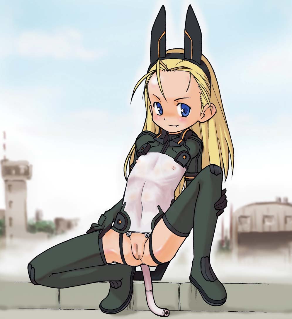 kakuchou, miyahara mimikaki, elise von dietrich, sky girls, 00s, 1girl, anal, anal beads, anal object insertion, anal tail, animal ears, blonde hair, blue eyes, boots, bottomless, butt plug, censored, covered erect nipples, facing viewer, fake tail, fang, fang out, female focus, flat chest, full body, gloves, green boots, green gloves, green thighhighs, leotard, linea alba, loli, long hair, looking at viewer, mecha pilot suit, mosaic censoring, motion slit, motionslit, object insertion, outdoors, petite, pussy, sex toy, skinny, smile, solo, spread legs, squatting, tail, thigh boots, thighhighs, white leotard