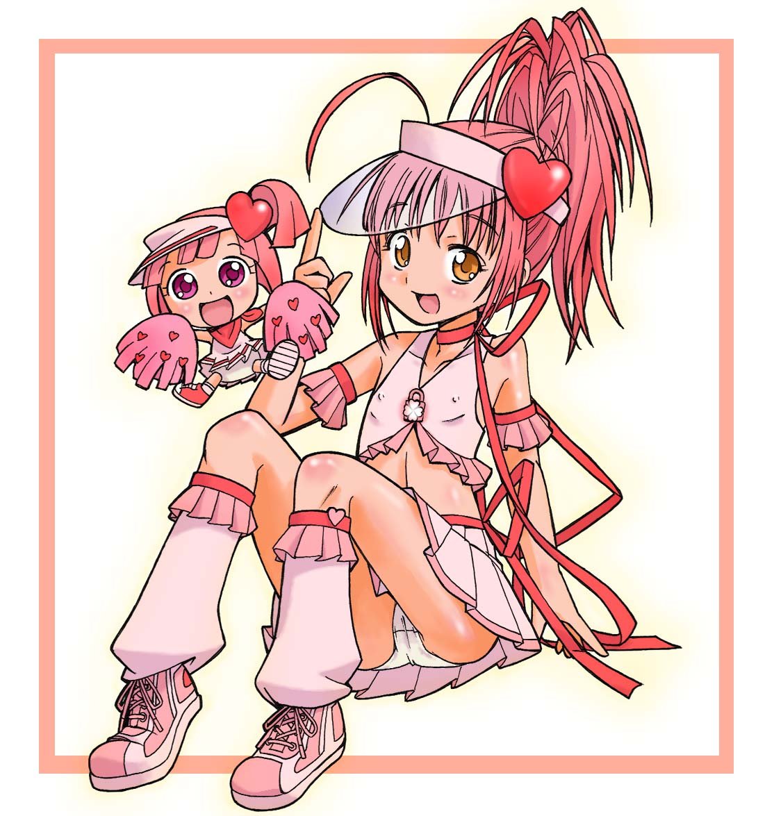 kakuchou, amulet heart, hinamori amu, ran (shugo chara!), shugo chara!, 2girls, blush, boots, brown eyes, chibi, dual persona, flat chest, frills, loose socks, magical girl, multiple girls, panties, pantyshot, pink hair, pink shoes, shoes, sitting, skirt, socks, underwear