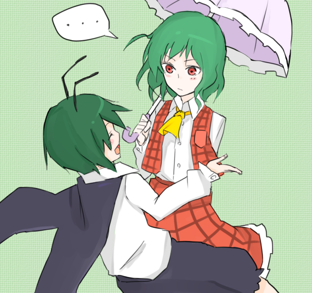 aharan, kazami yuuka, wriggle nightbug, touhou, bad id, bad pixiv id, …, 2girls, antennae, ascot, blush, cape, dress, female focus, green hair, multiple girls, plaid clothes, plaid skirt, plaid vest, pocket, red eyes, short hair, skirt, skirt set, smile, spoken ellipsis, umbrella, vest
