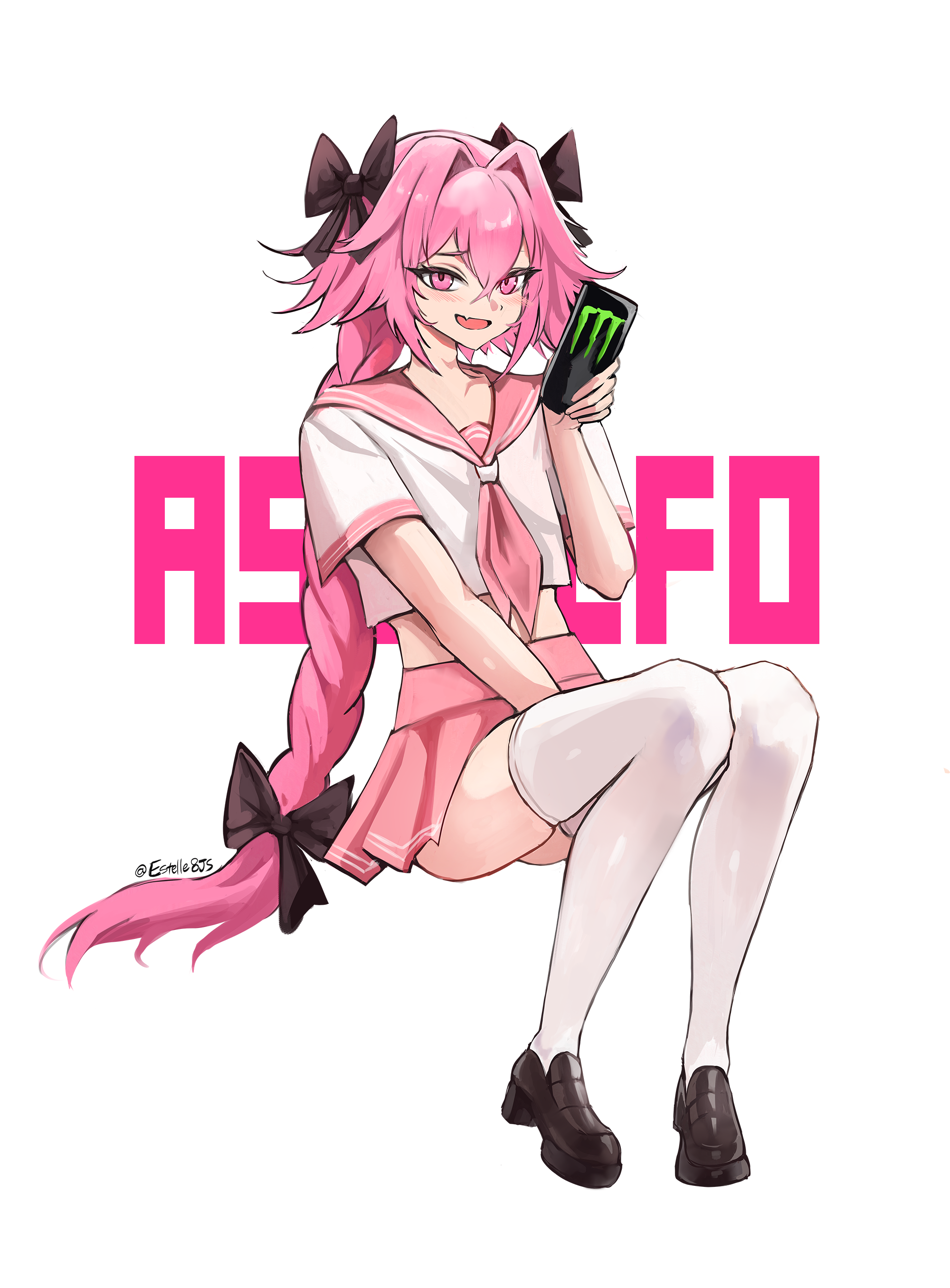 estelle8js, astolfo (fate), astolfo (sailor paladin) (fate), fate/grand order, fate (series), monster energy, absurdres, highres, 1boy, artist name, astolfo monster cosplay (meme), black bow, bow, braid, braided ponytail, brown shoes, character name, cropped shirt, crossdressing, crossdressing (mtf), fang, full body, hair bow, hair intakes, loafers, long hair, meme, midriff, miniskirt, multiple hair bows, neckerchief, open mouth, pink hair, pink neckerchief, pink sailor collar, pink skirt, pleated skirt, purple eyes, sailor collar, shirt, shoes, simple background, single hair streak, sitting, skin fang, skirt, smile, thighhighs, trap, very long hair, white background, white hair, white shirt, white thighhighs, zettai ryouiki