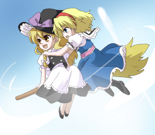 alice margatroid, kirisame marisa, touhou, bad id, bad pixiv id, 2girls, blonde hair, broom, broom riding, female focus, multiple girls, multiple riders, sidesaddle
