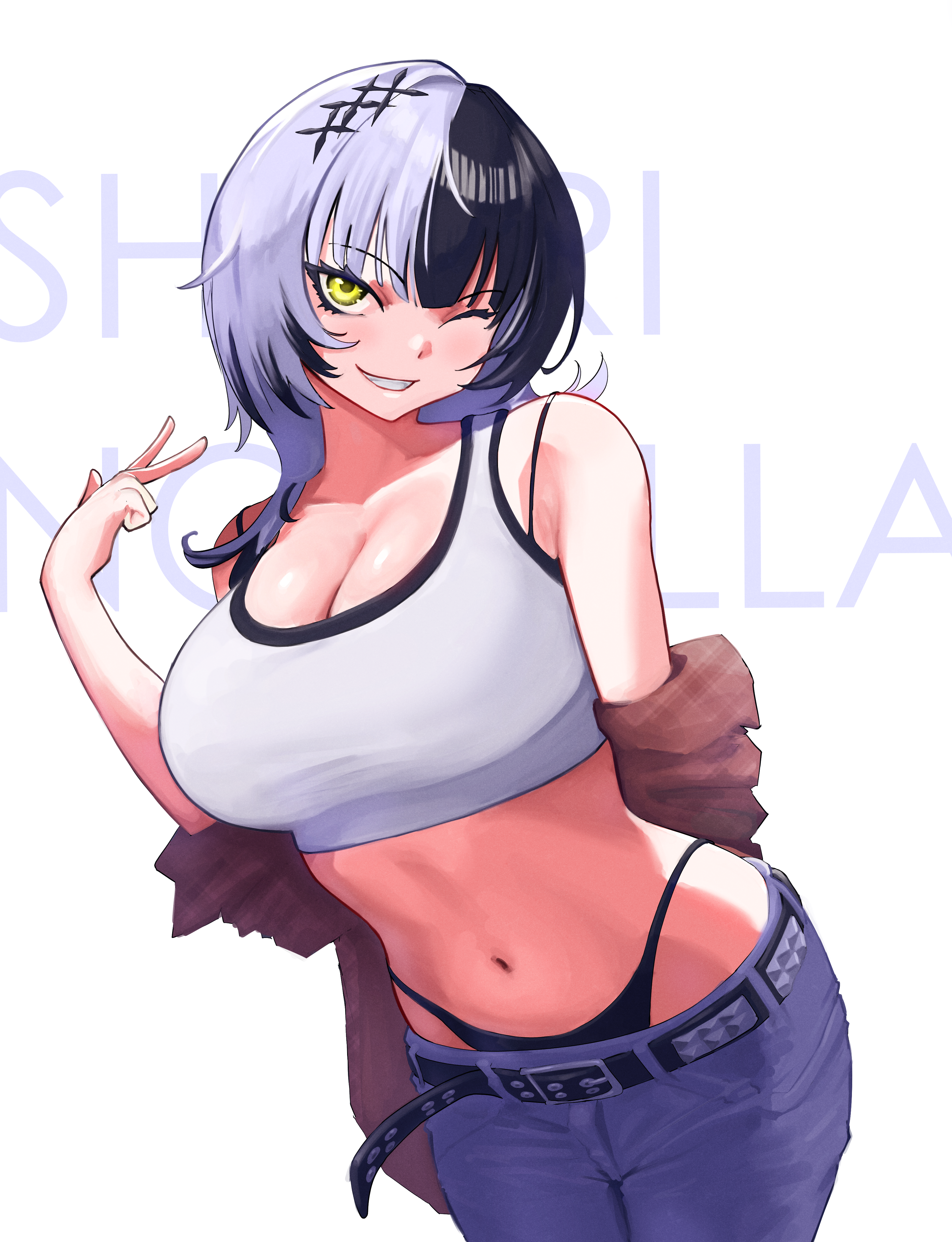 yodokogon, shiori novella, hololive, hololive english, absurdres, highres, 1girl, black hair, black panties, blue pants, bra strap, breasts, character name, cleavage, crop top, denim, grey hair, grin, jeans, large breasts, looking at viewer, multicolored hair, navel, one eye closed, panties, pants, smile, solo, split-color hair, tank top, teeth, two-tone hair, underwear, virtual youtuber, white tank top, yellow eyes